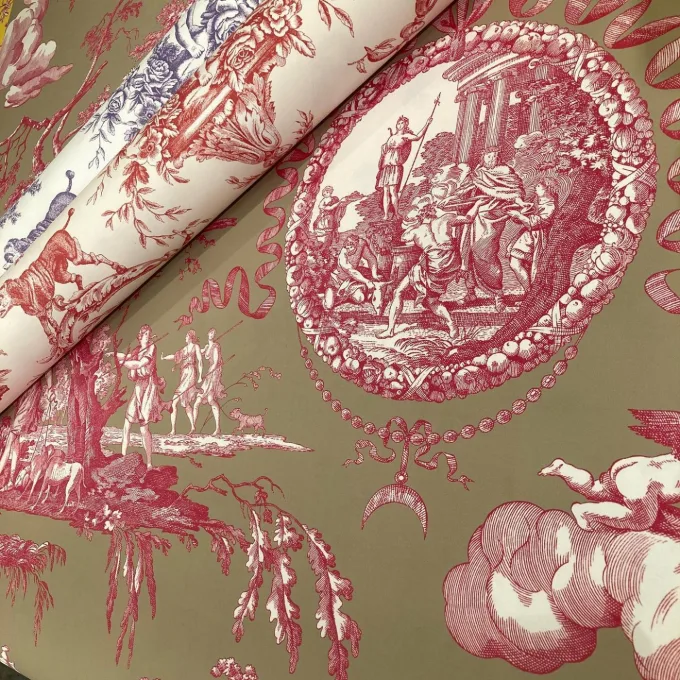 輸入壁紙 フランス製（トワルドジュイ・グリーン/ピンク色）ディアーナの狩猟